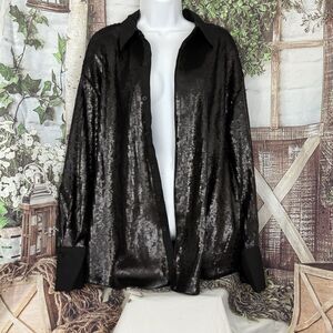 Future Collective Black Sequin Oversized Button Front Glitz And Glam Boujee Top